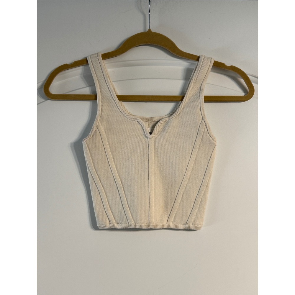 Aerie Sweater Tank‎ Top Womens XS Cream Good Corset Ribbed Notched Neck Crop